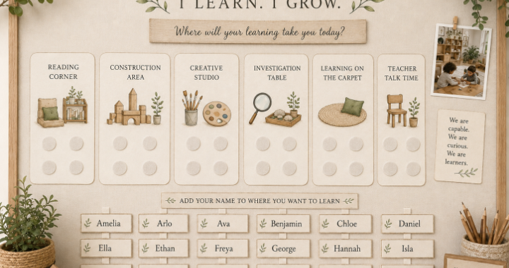 A classroom zone display reading I choose, I learn, I grow