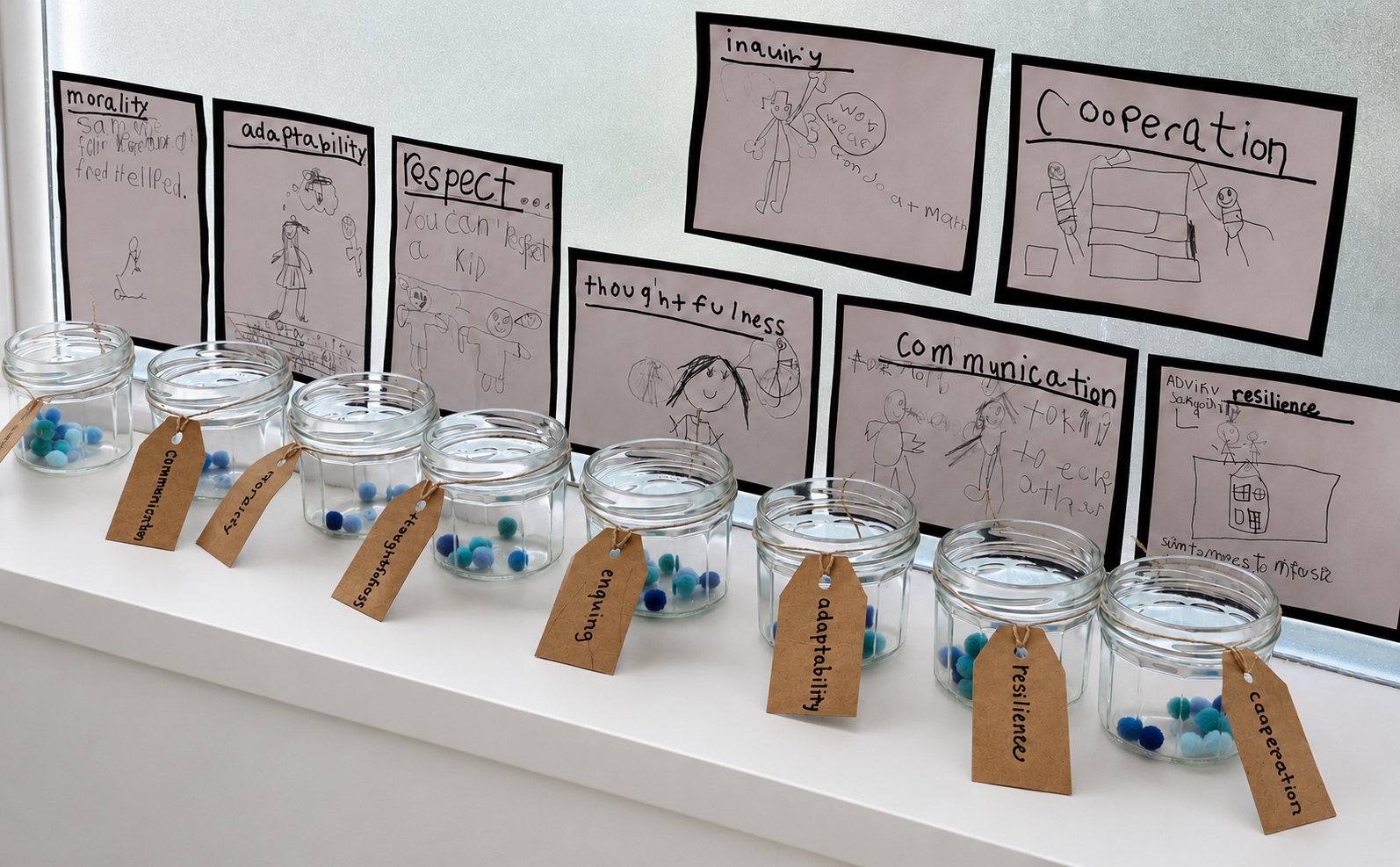 A children's co-created learner-profile display: jars labelled with global-citizen characteristics beside pupils' drawings