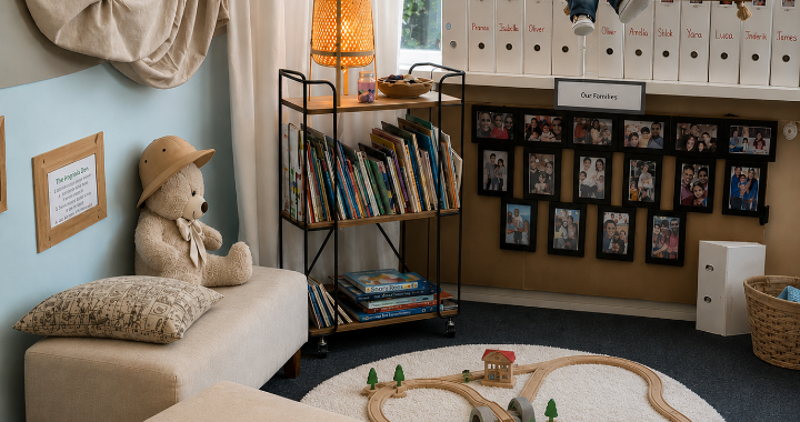 A family holiday photo welcoming a child into a reading corner