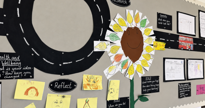 Students' learning journey documented on the wall